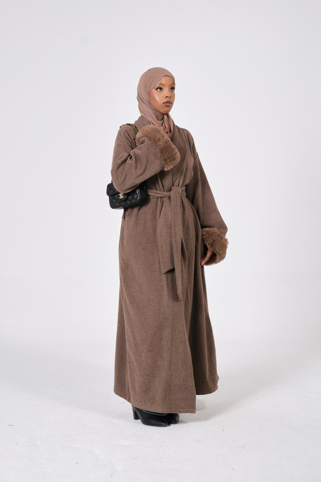 TAUPE FUR SLEEVE ABAYA COAT