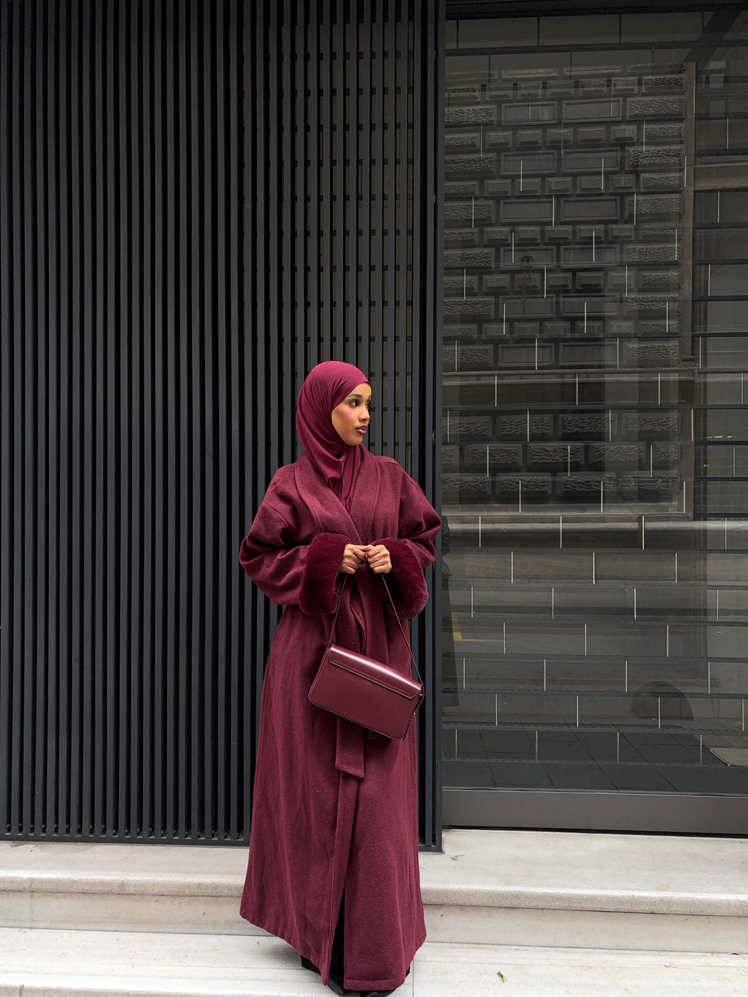 burgundy fur sleeve abaya coat