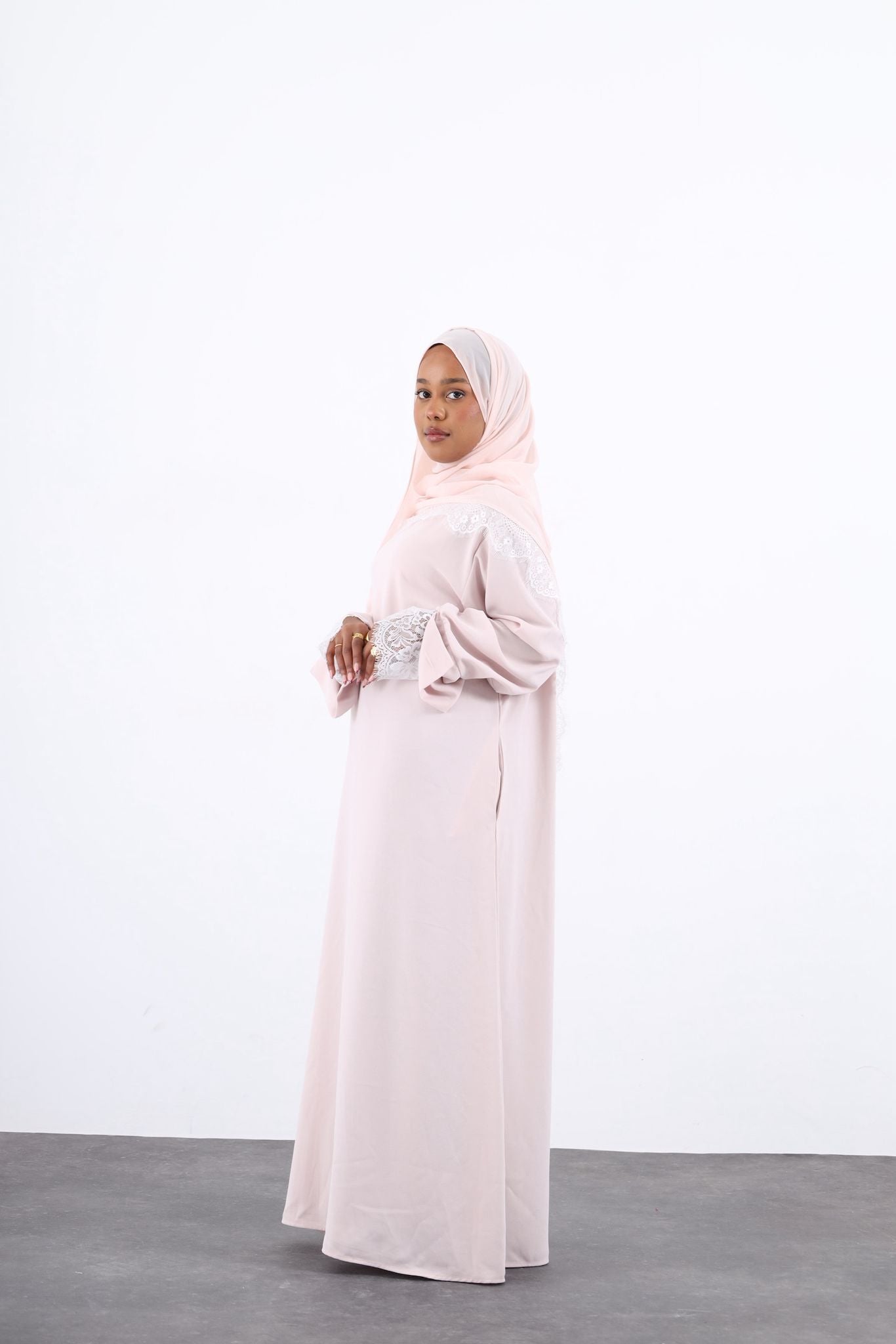 Lace Crepe Abaya- LIGHT PINK
