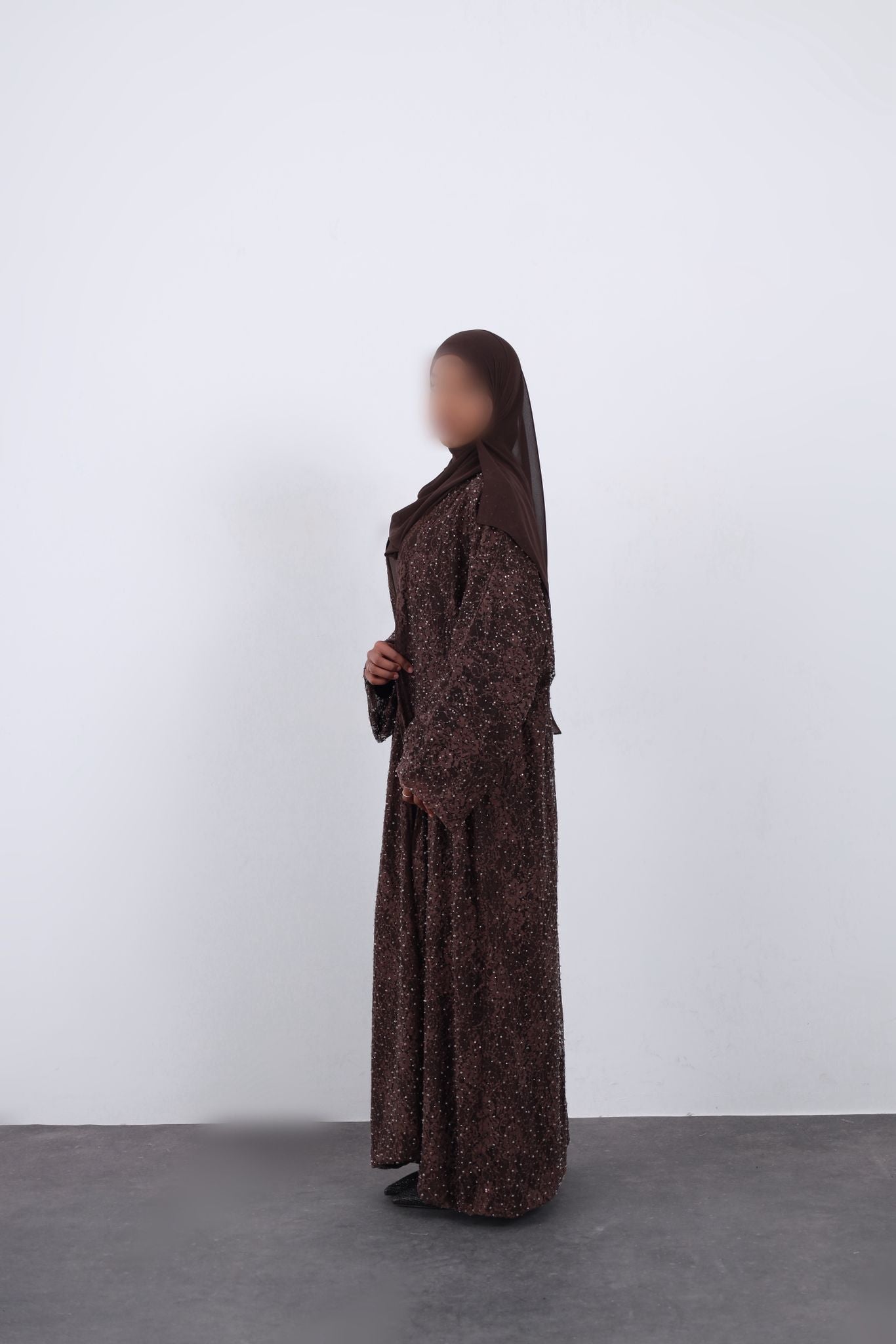 Brown Shimmery Lace Three-Piece Abaya Set