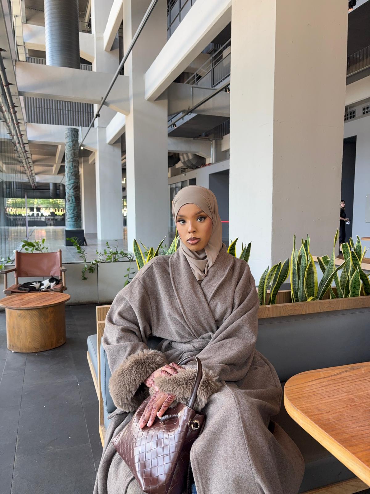TAUPE FUR SLEEVE ABAYA COAT