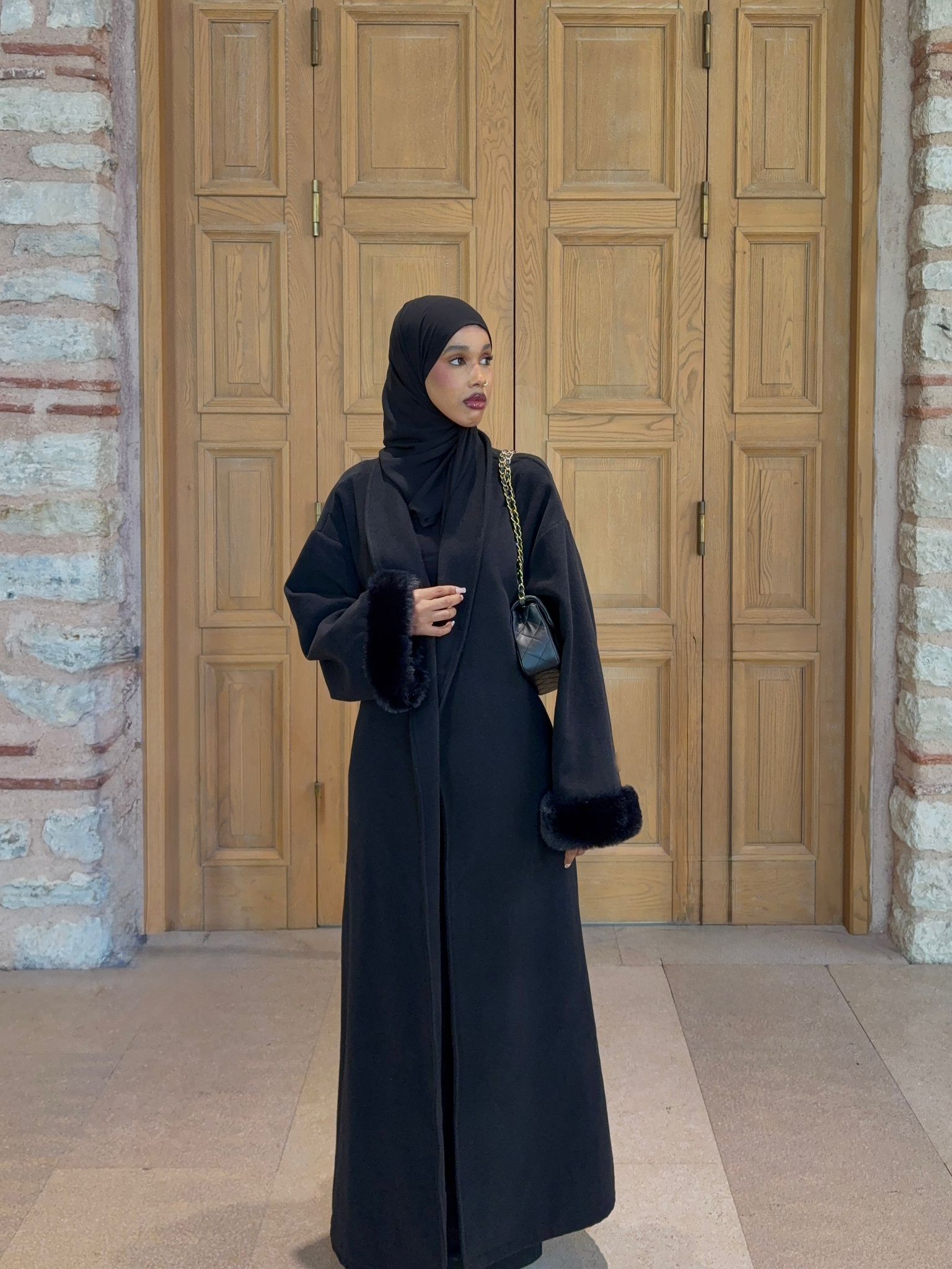 Black fur sleeve abaya coat
