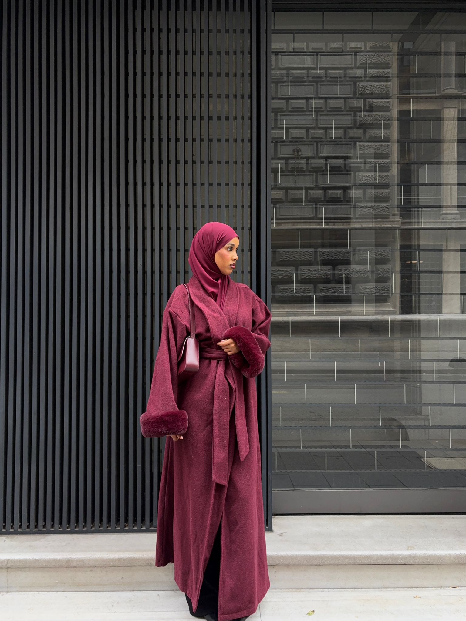 burgundy fur sleeve abaya coat