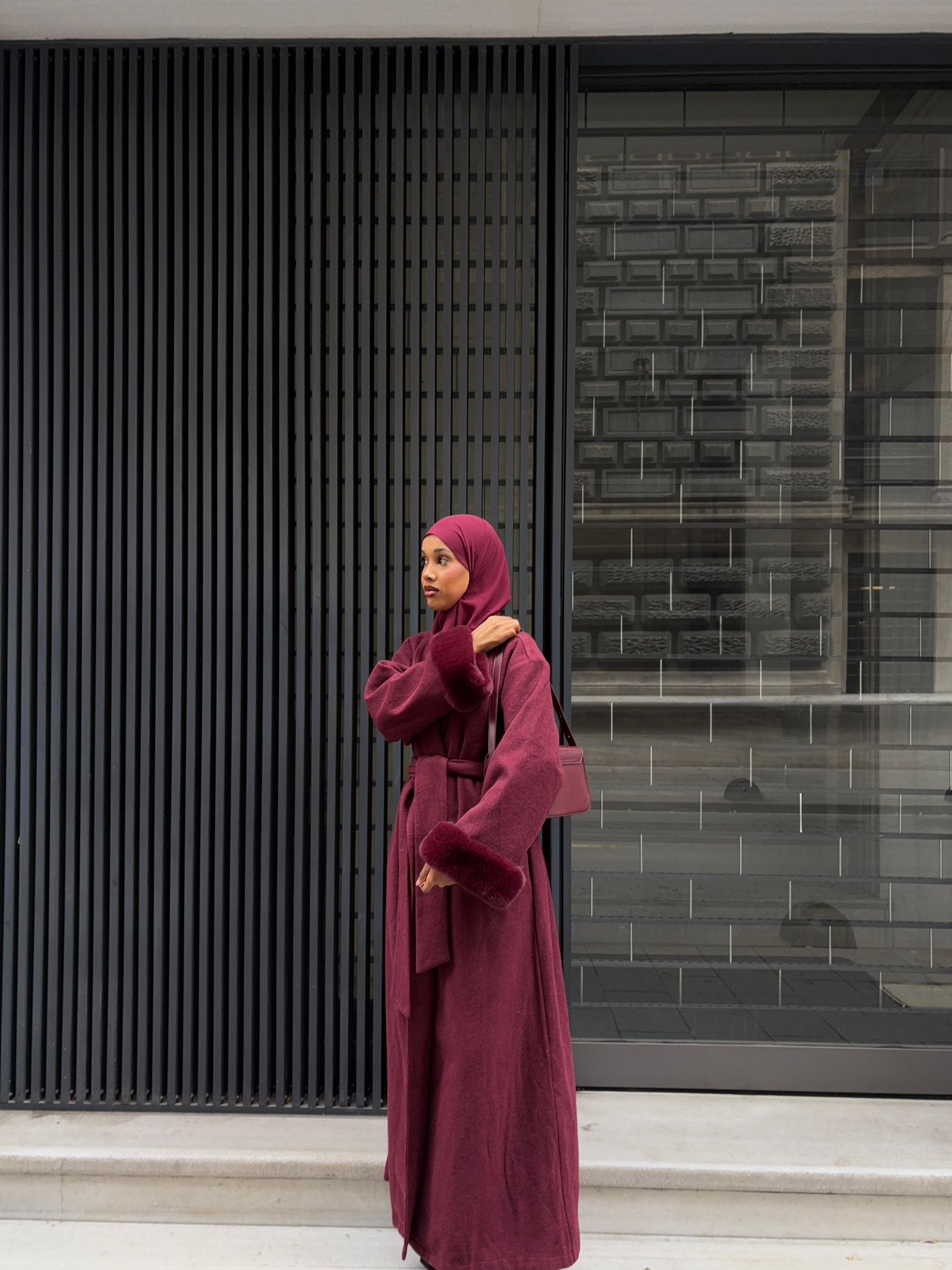 burgundy fur sleeve abaya coat