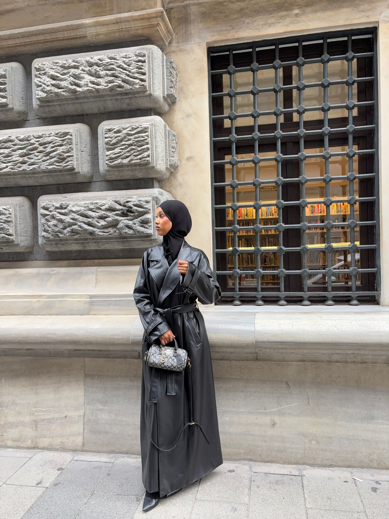 Black leather maxi jacket