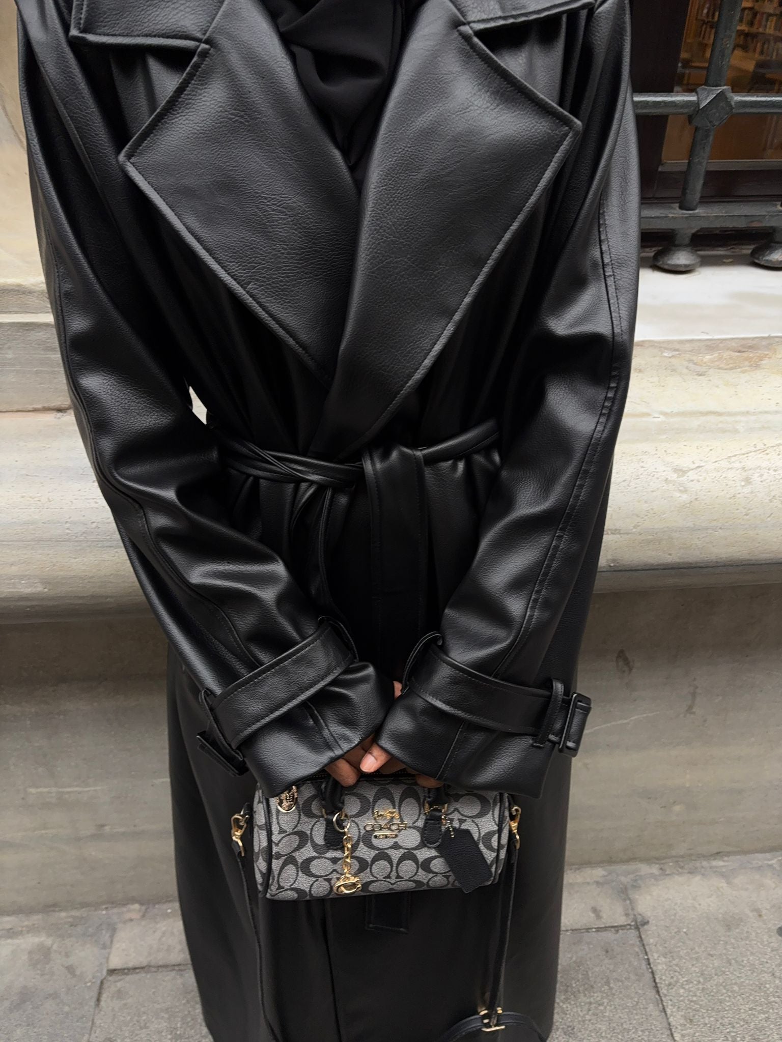 Black leather maxi jacket