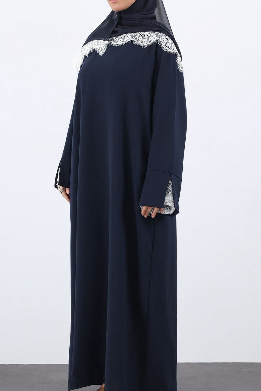 Lace Crepe Abaya- NAVY