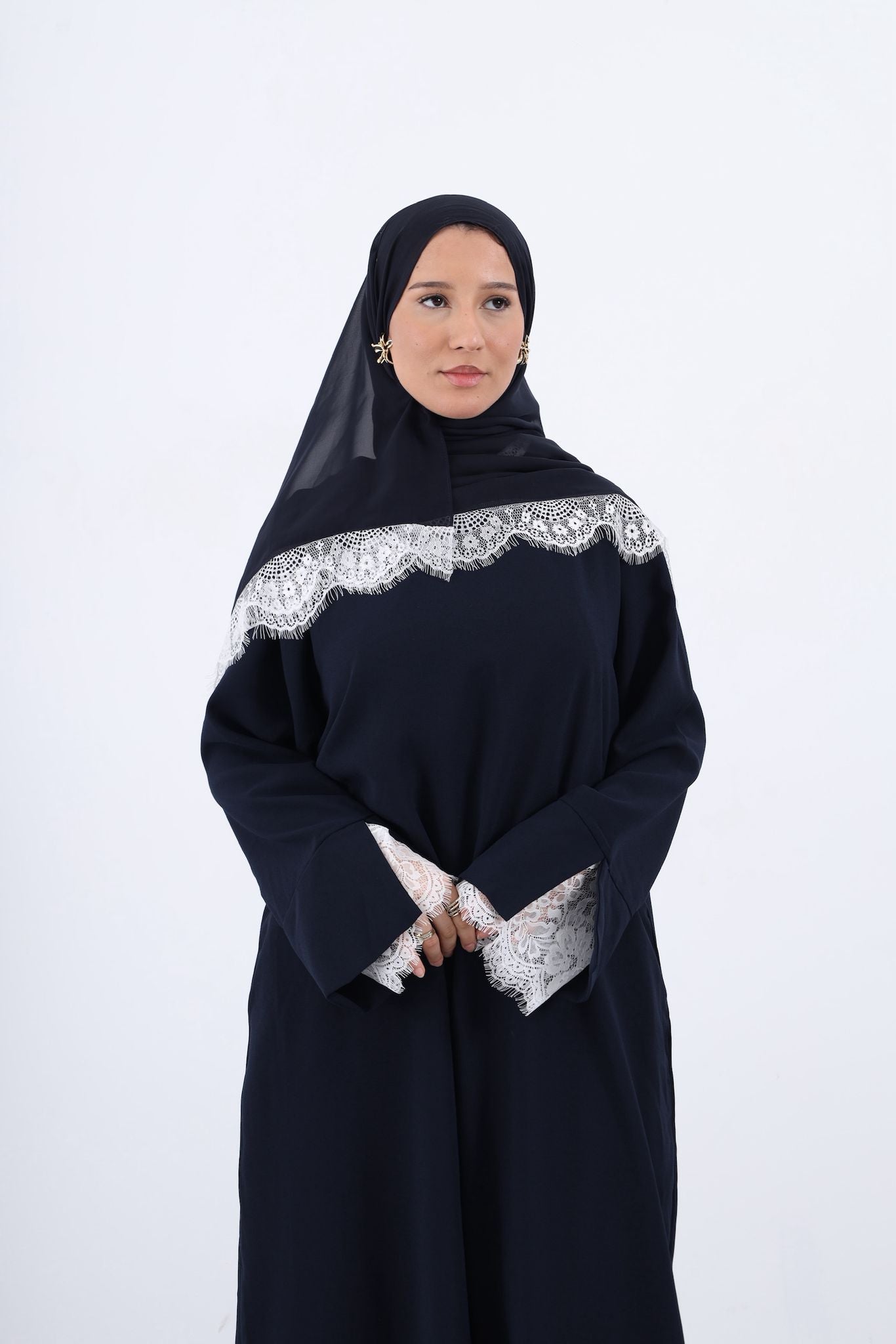 Lace Crepe Abaya- NAVY