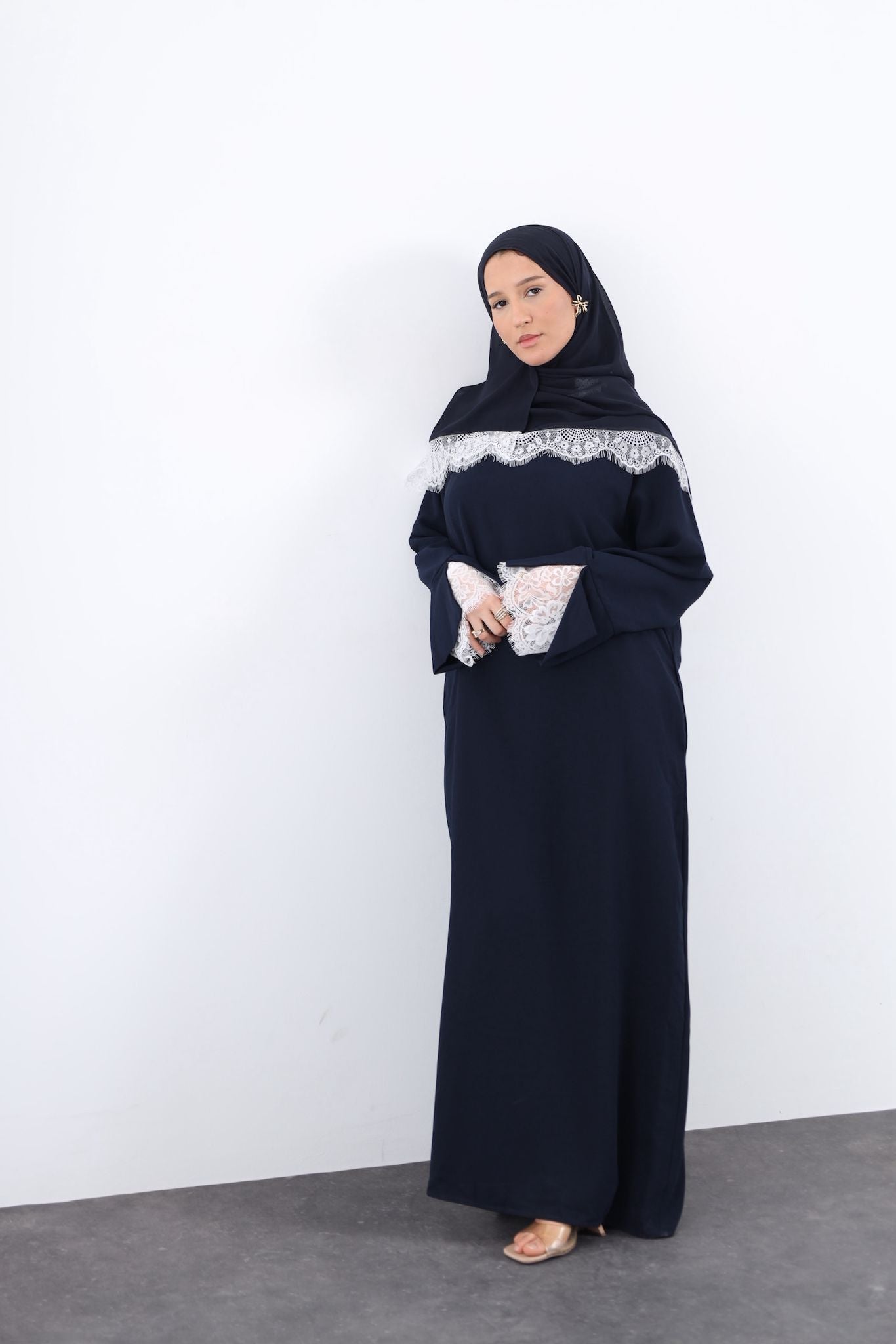 Lace Crepe Abaya- NAVY