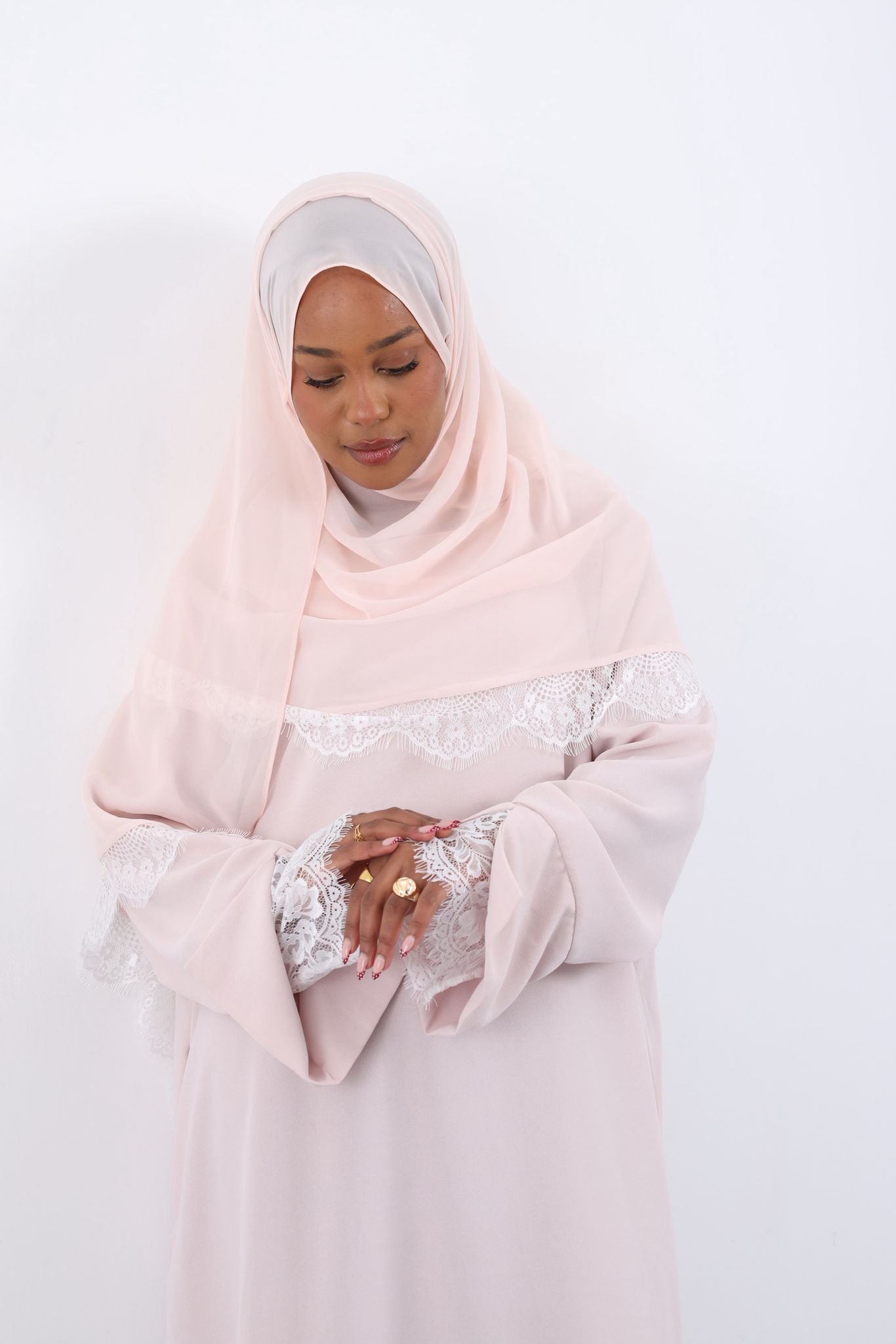 Lace Crepe Abaya- LIGHT PINK