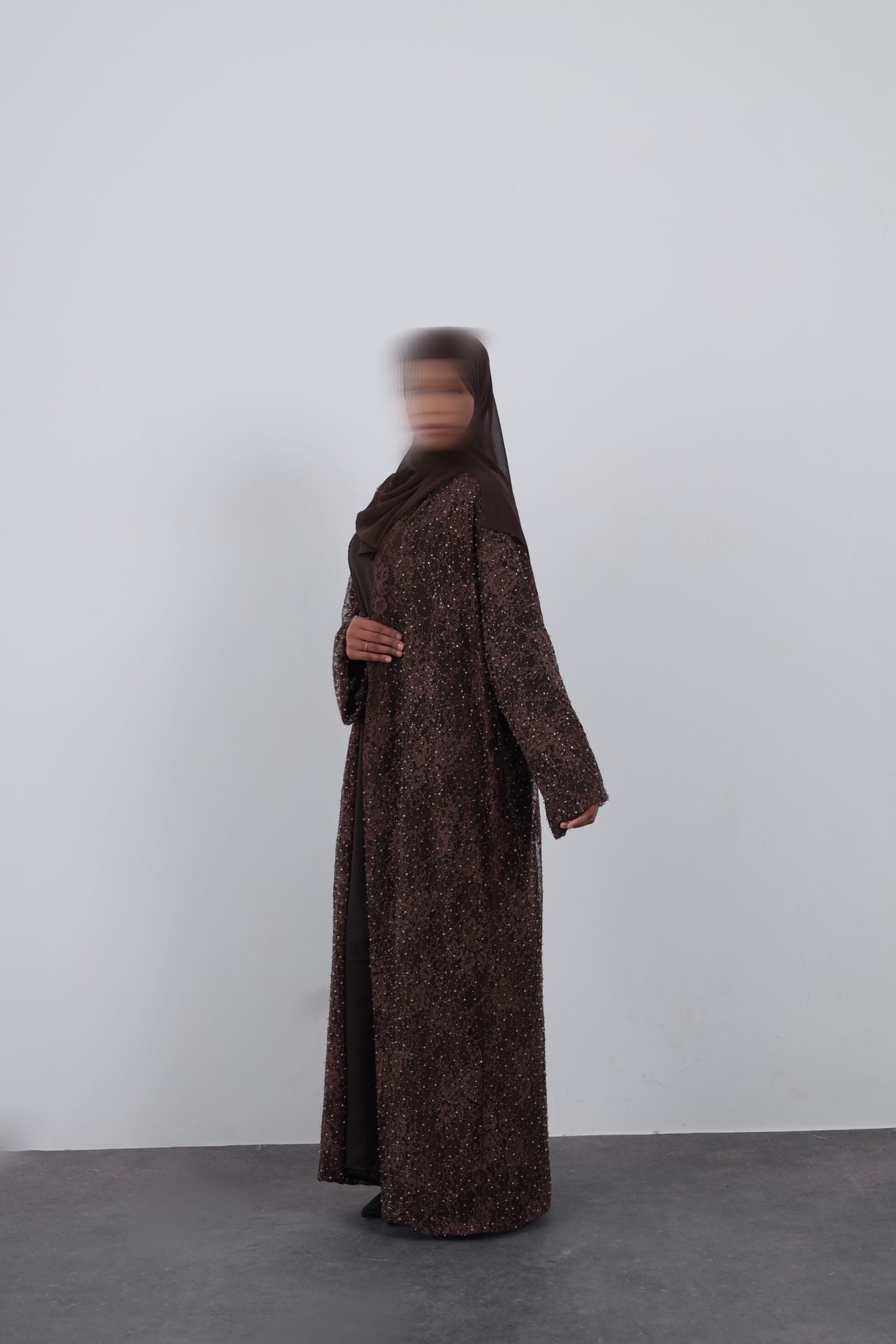 Brown Shimmery Lace Three-Piece Abaya Set