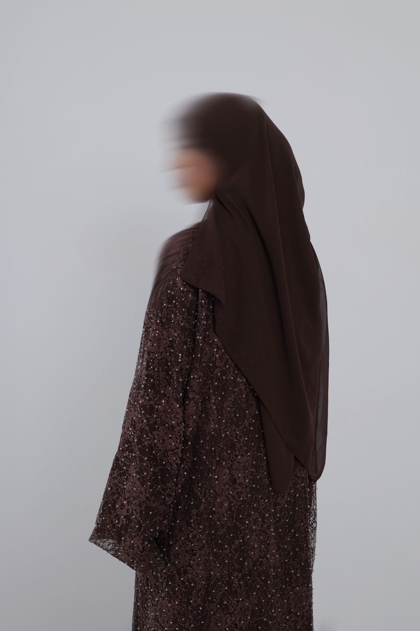 Brown Shimmery Lace Three-Piece Abaya Set