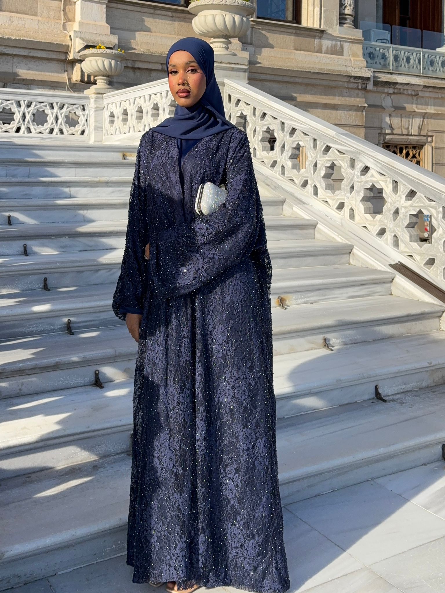 Navy Shimmery Lace Three-Piece Abaya Set