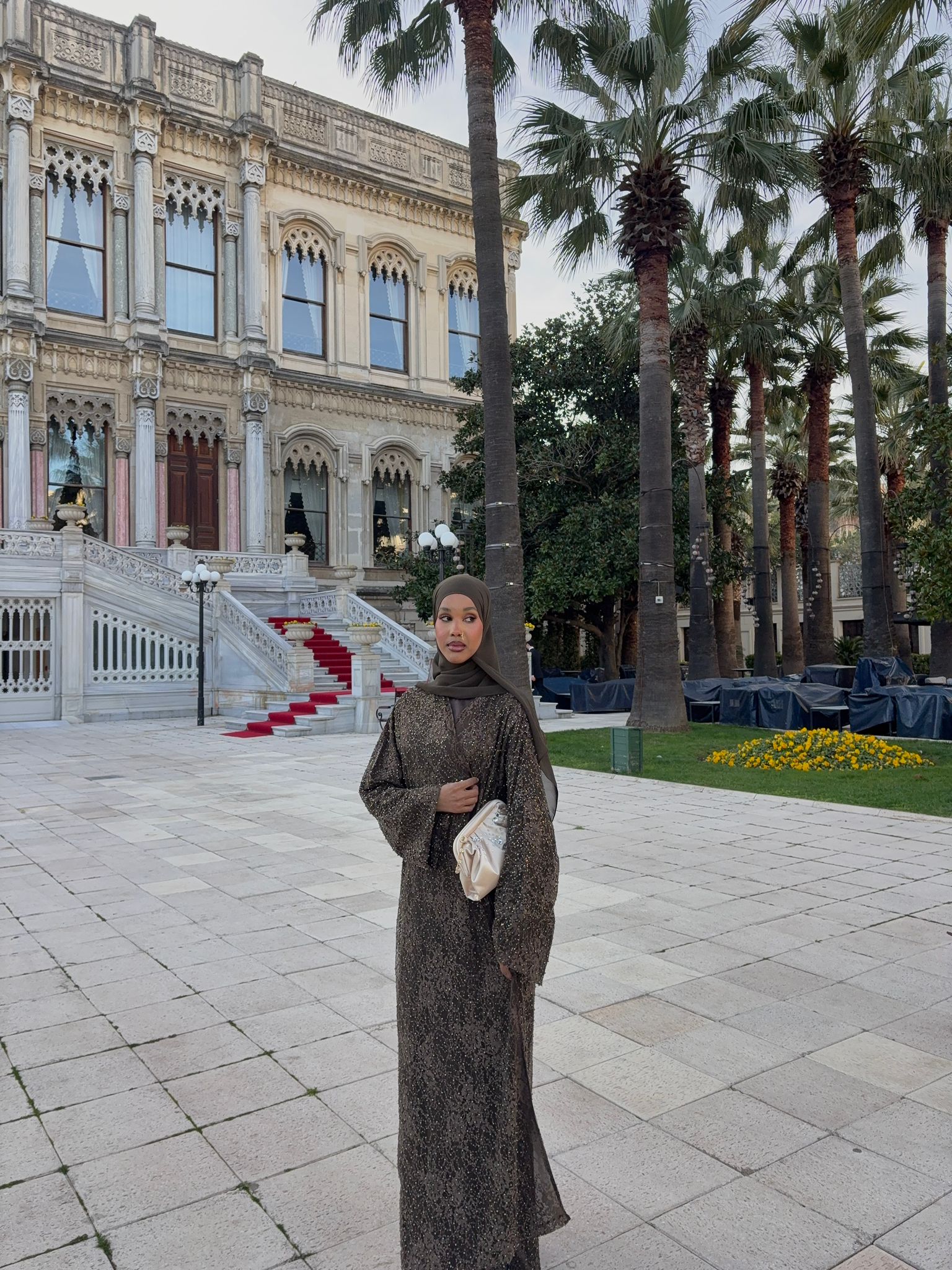 Olive Shimmery Lace Embellished Three-Piece Abaya Set