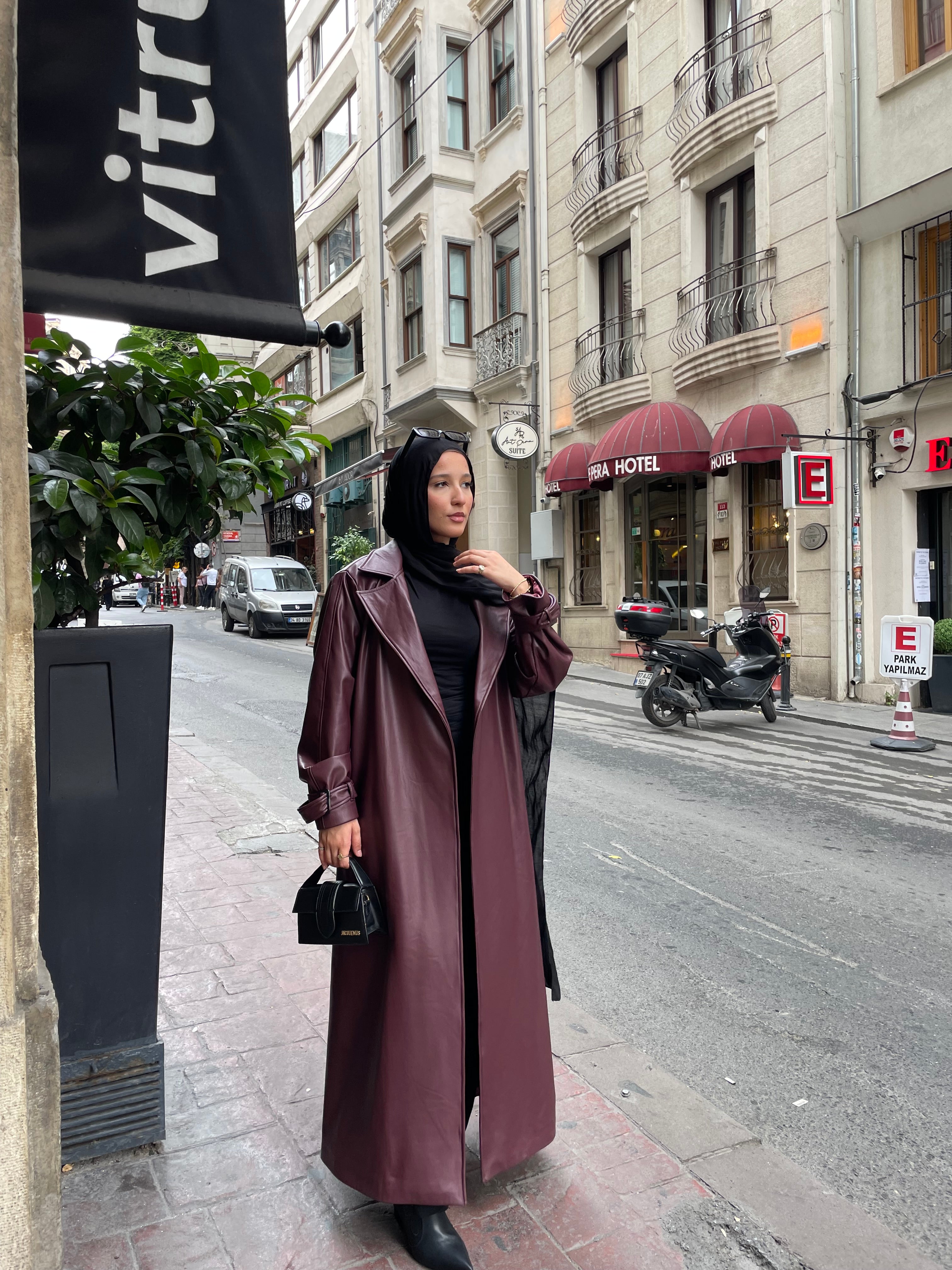 Burgundy maxi leather jacket