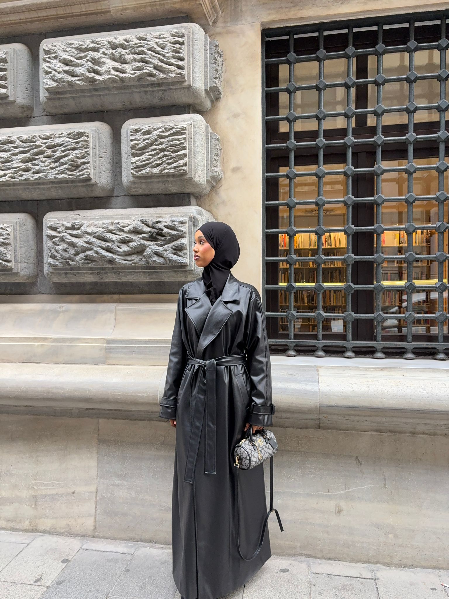Black leather maxi jacket