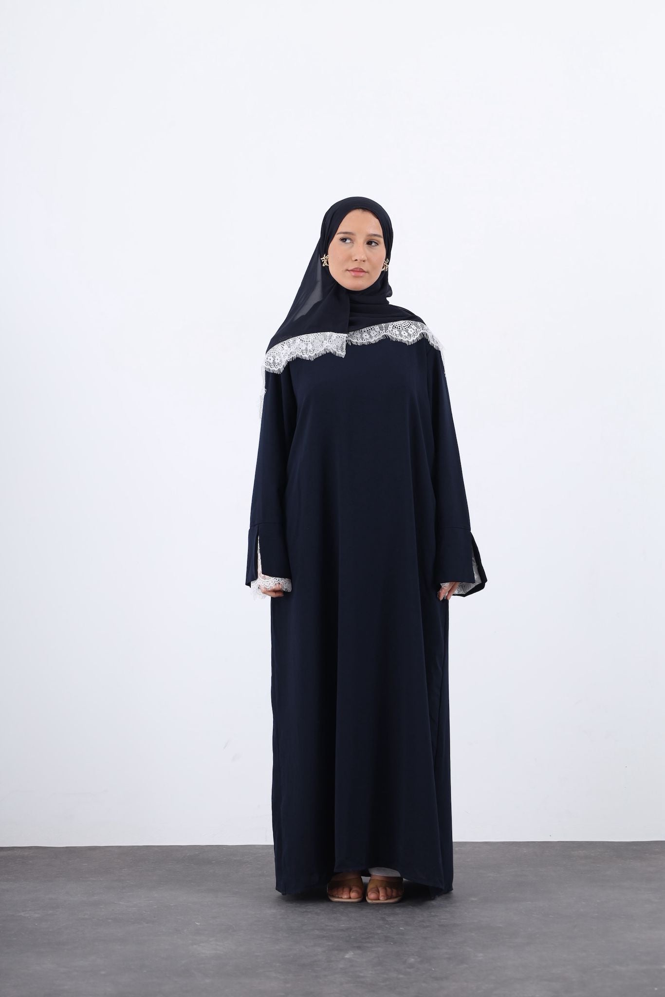 Lace Crepe Abaya- NAVY