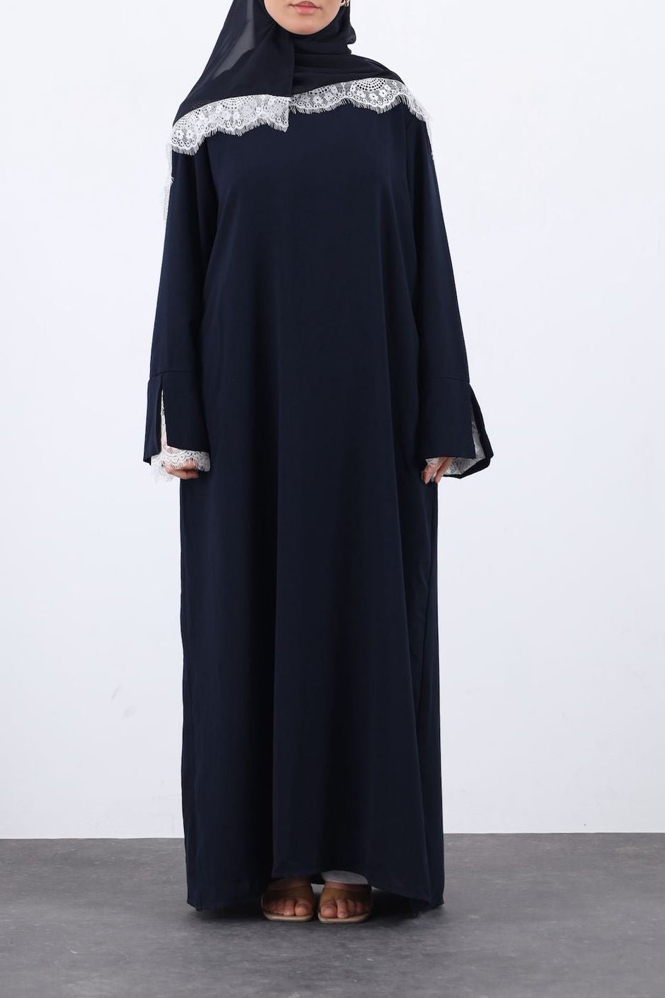 Lace Crepe Abaya- NAVY