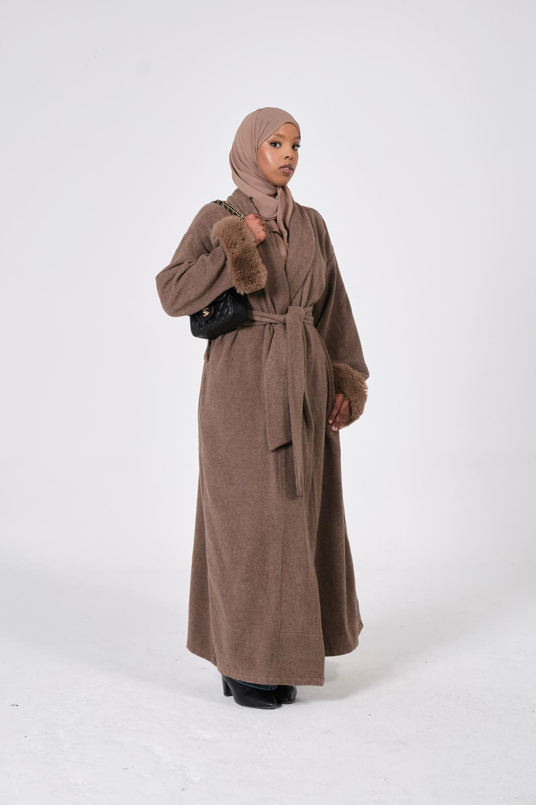 TAUPE FUR SLEEVE ABAYA COAT