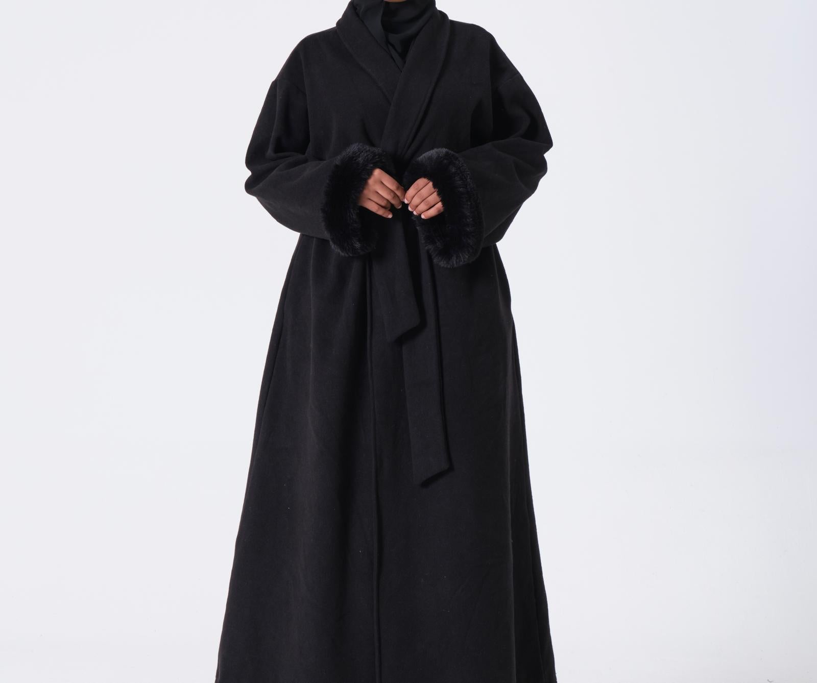 Black fur sleeve abaya coat