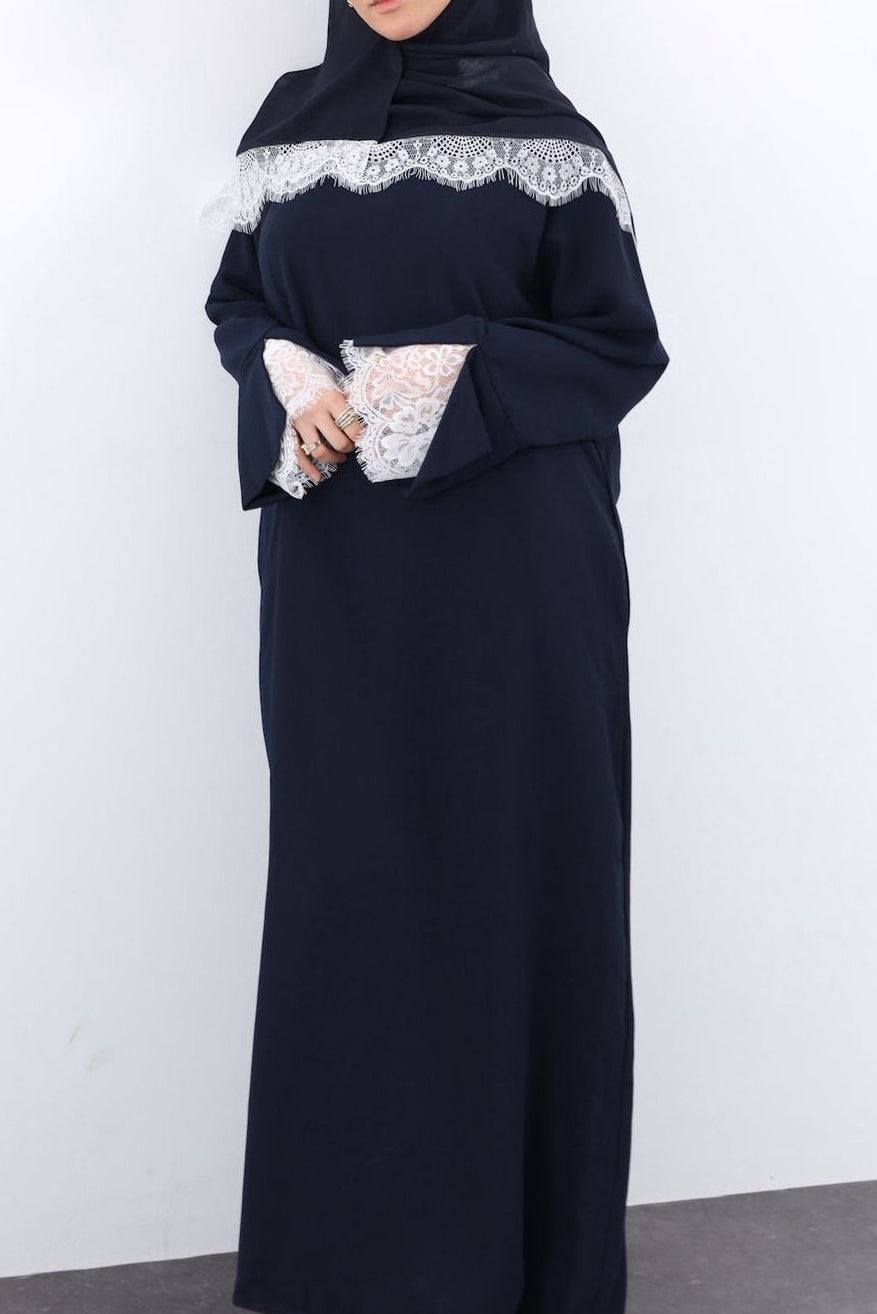 Lace Crepe Abaya- NAVY