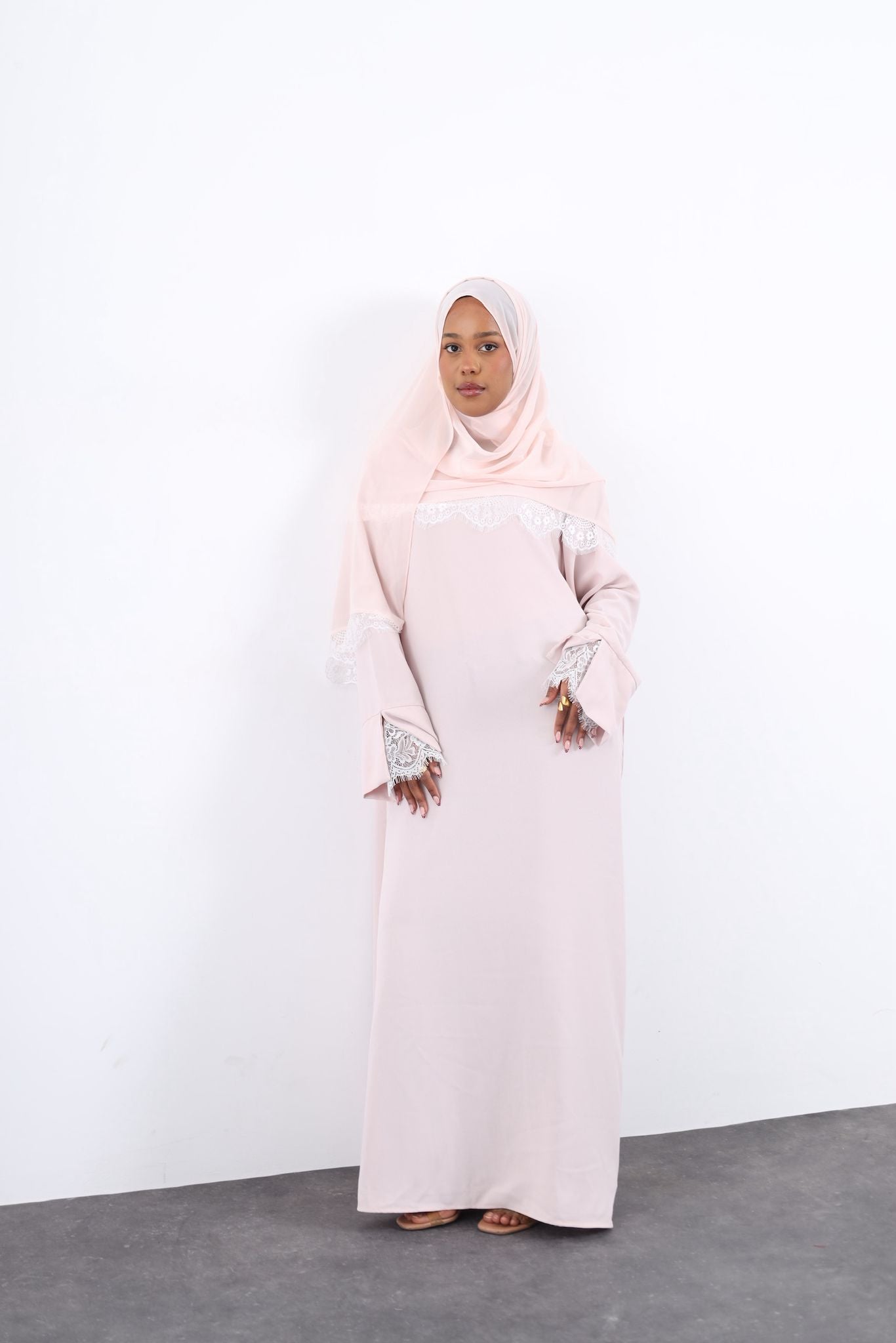 Lace Crepe Abaya- LIGHT PINK