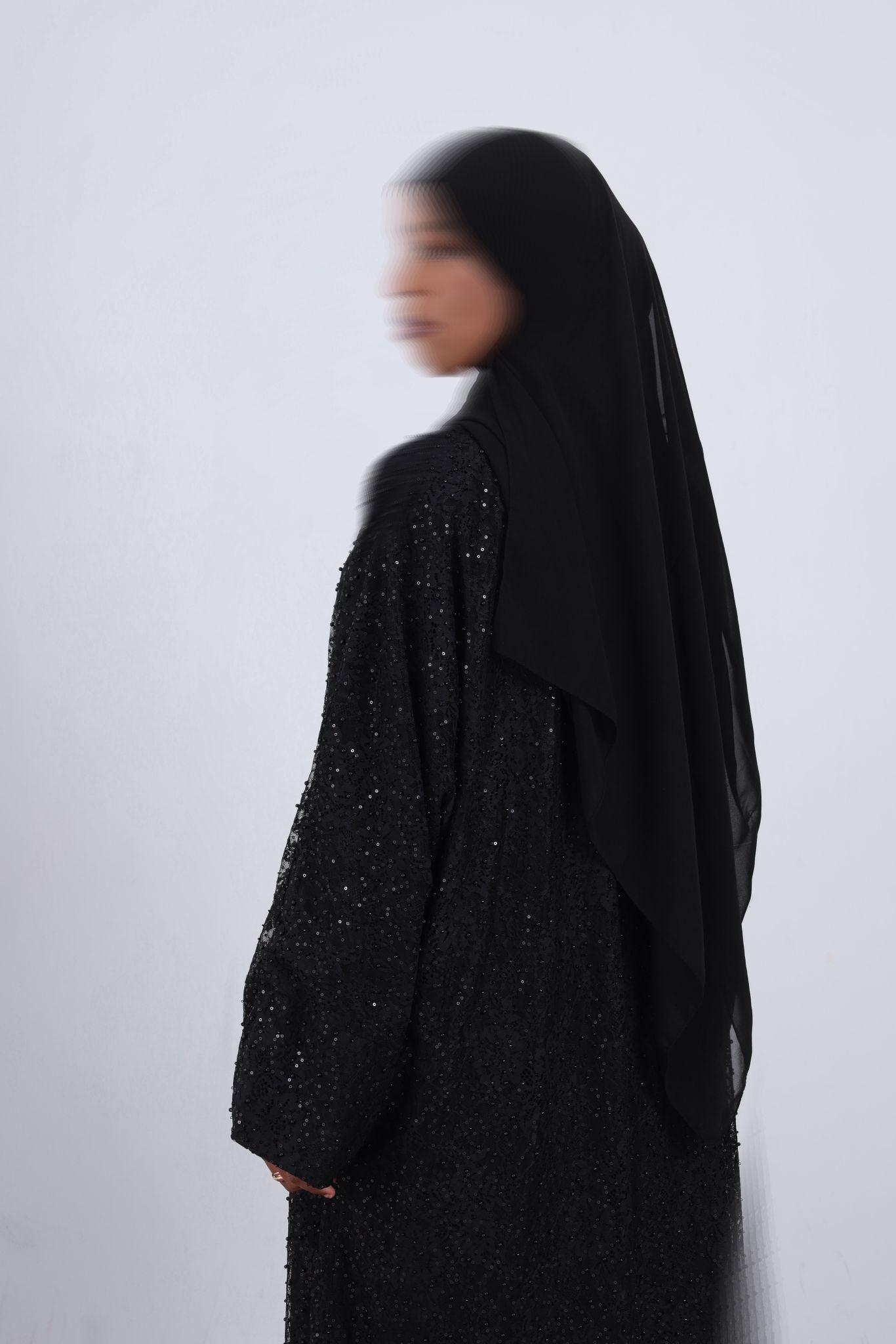 Black  Shimmery Lace Three-Piece Abaya Set
