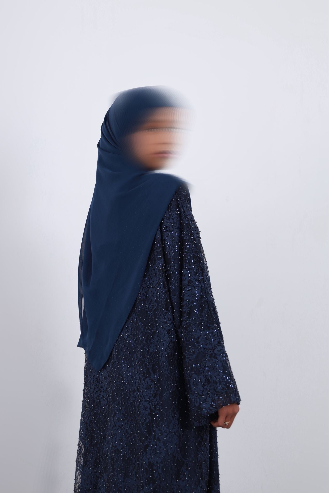 Navy  Shimmery Lace Three-Piece Abaya Set