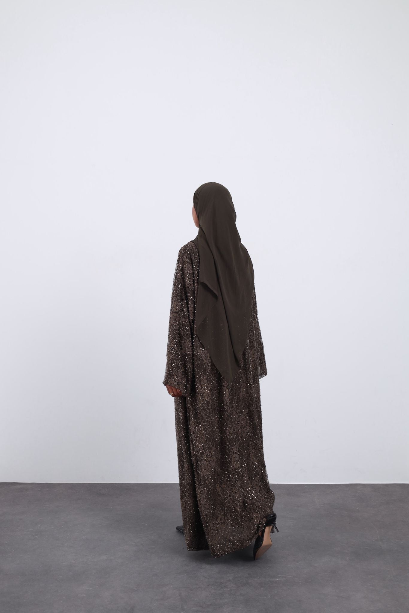 Olive Shimmery Lace Embellished Three-Piece Abaya Set